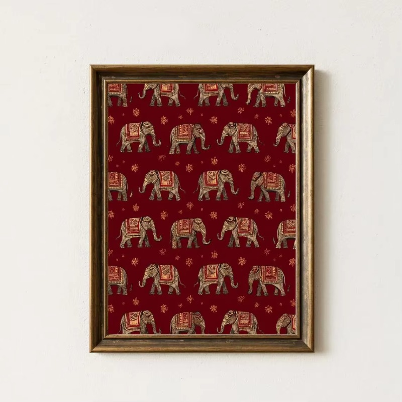 Interior Design Landscape - Indian Elephant Pattern Print, Red Textile